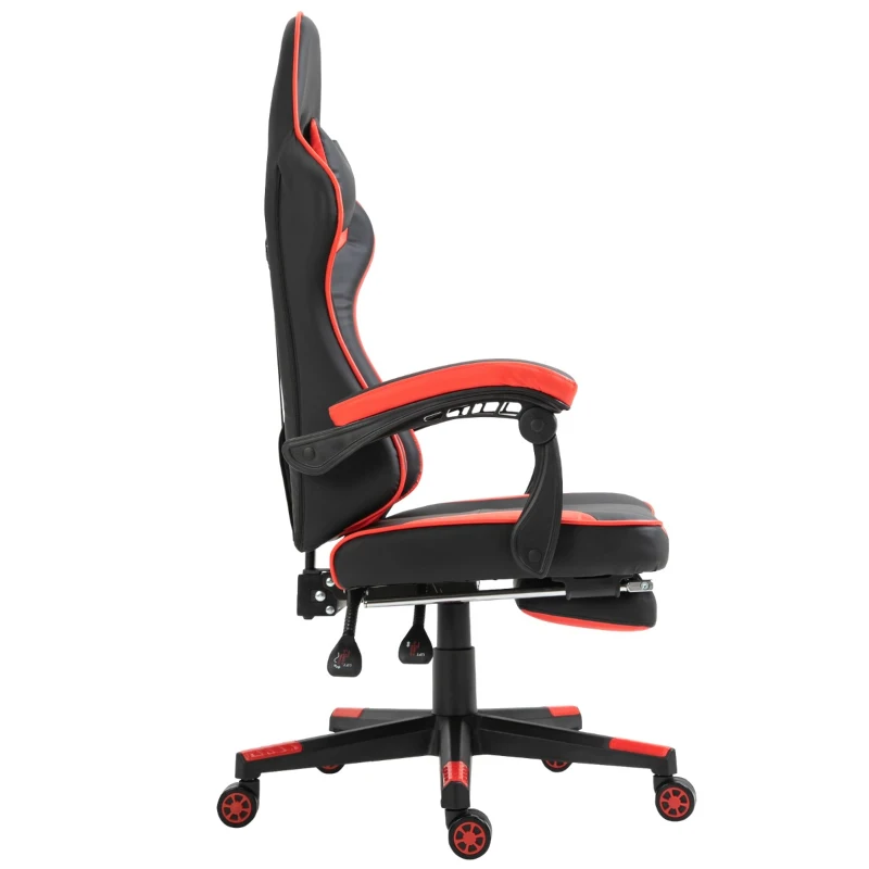 Vinsetto High Back Gaming Chair, PU Leather Racing Style Gamer Computer Chair with Retractable Footrest with Lumbar Support, Pillow and Adjustable Padded Armrests, Red