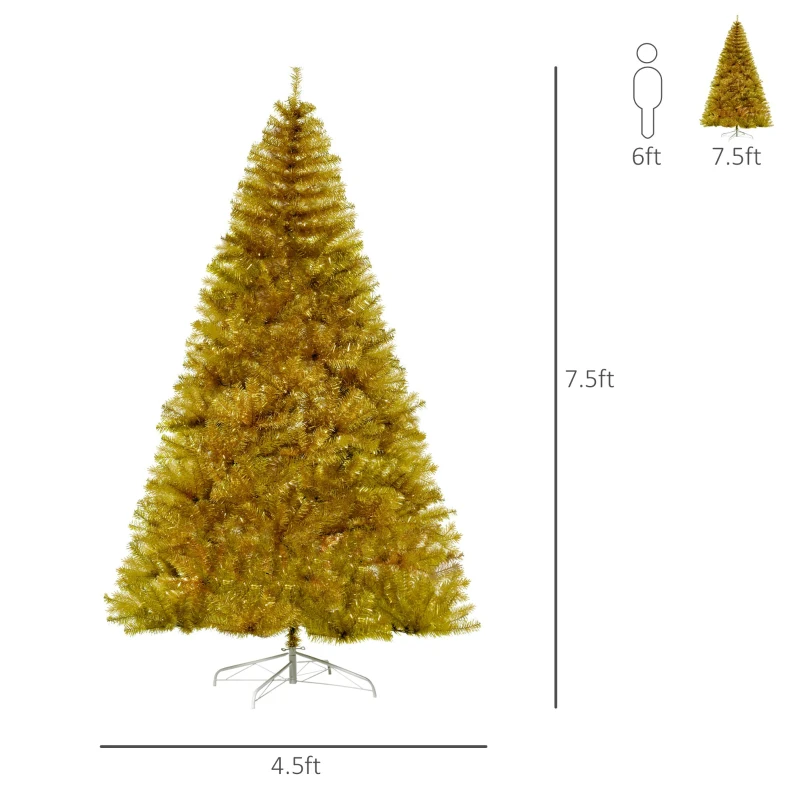 HOMCOM 7.5' Tall Unlit Full Fir Artificial Christmas Tree with Realistic Branches, and 1477 Tips, Gold
