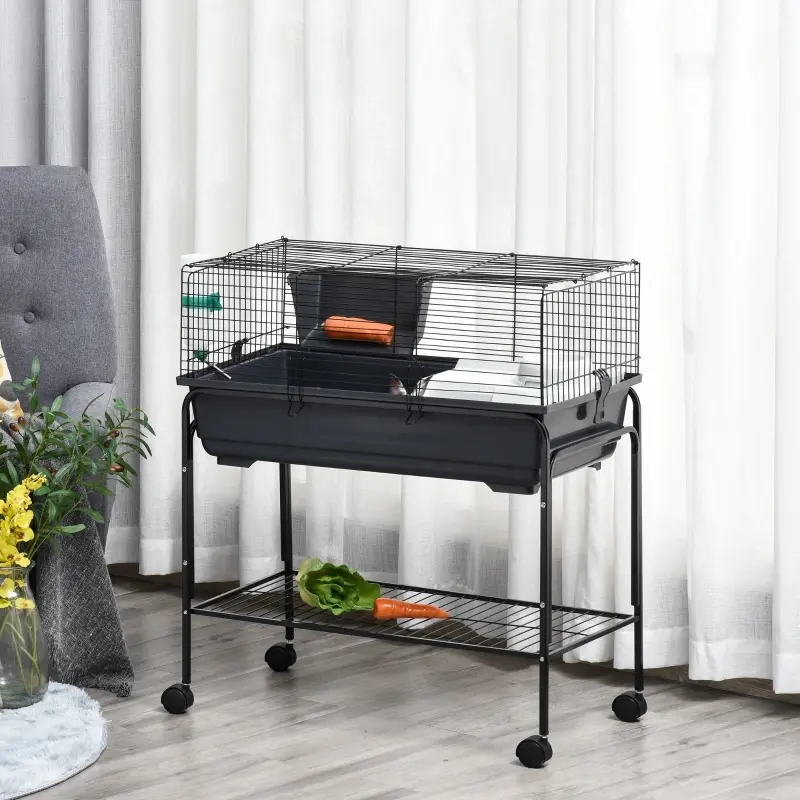 PawHut Two-Story Small Animal Cage Removable from Stand, Pet Habitat with Shelf & Wheels, 33" x 18.5" x 35", Charcoal Gray