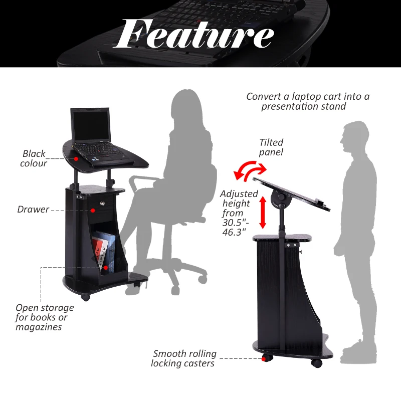 HOMCOM Deluxe Height Adjustable Rolling Laptop Cart Presentation Stand with Tilt Table Top and Storage Black