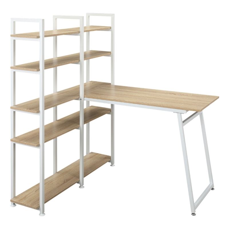 HOMCOM 5 Tier Versatile L-Shaped Computer Desk Writing Table with Display Shelves and Metal Frame, Space-Saving, for Study Room Natural/White