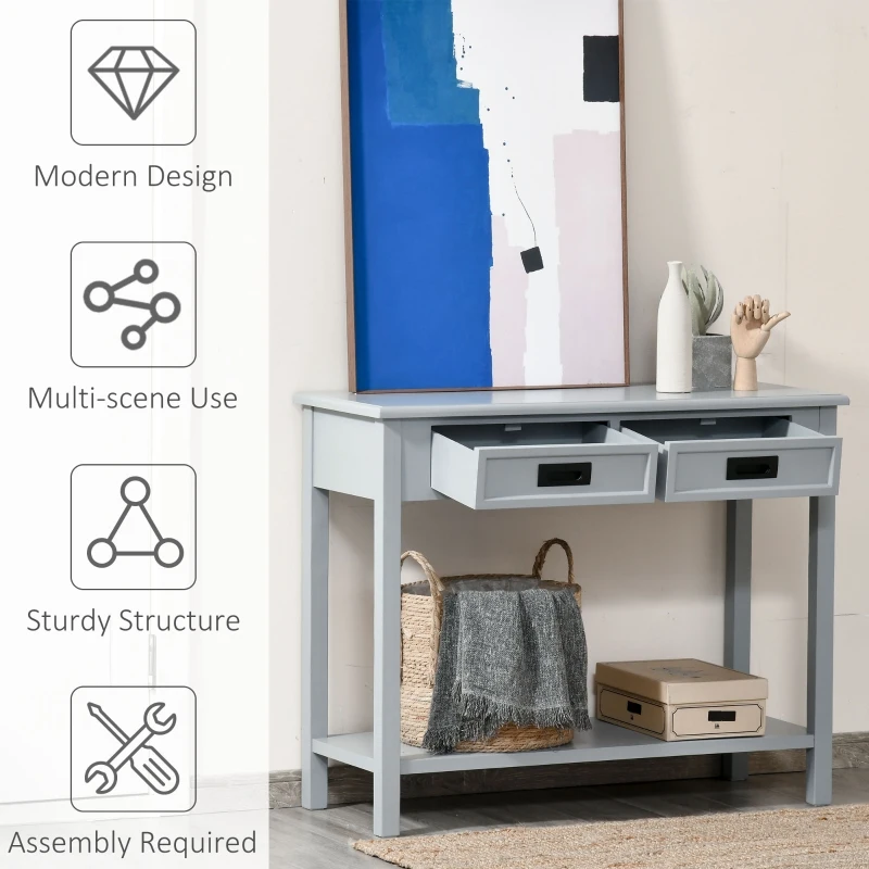 HOMCOM Console Table with 2 Storage Drawers and Open Shelf, Modern Sofa Table for Hallway, Living Room, or Bedroom, Grey