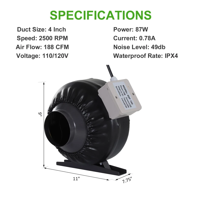 DURHAND 4 Inch Inline Fan Carbon Filter Duct Combo 2 Clamps Hydroponics Grow Room Tent Ventilation Kit