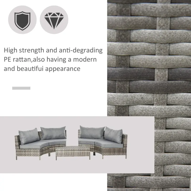 Outsunny 5PC Outdoor Patio Furniture Set Garden Rattan Wicker Sofa Cushioned Half-Moon Seat Deck w/ Pillow Grey