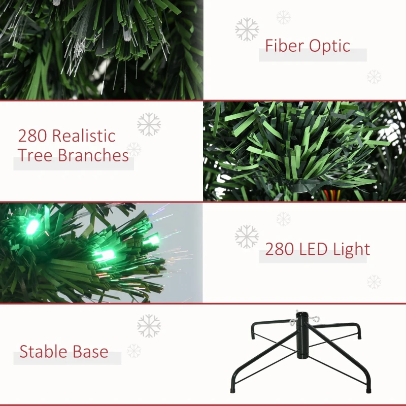 HOMCOM 7FT Pre-Lit Fiber Optic Arfiticial Christmas Tree with Star Tree Topper, Solid Metal Base, 280 Branch Tips, 6 Color LED Lights for Home and Holiday Decoration