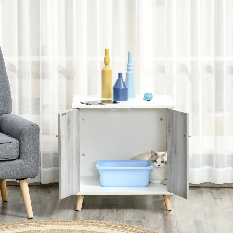 PawHut Wooden Cat Litter Box Enclosure End Table with 2 Magnetic Doors, Wide Tabletop