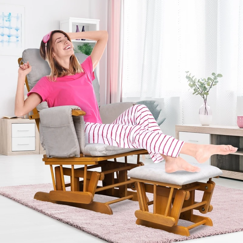 HOMCOM Indoor 2 Piece Glider & Ottoman Adjustable Reclining Function with Rubber Wood Base and Cushion, Wood/Cream White