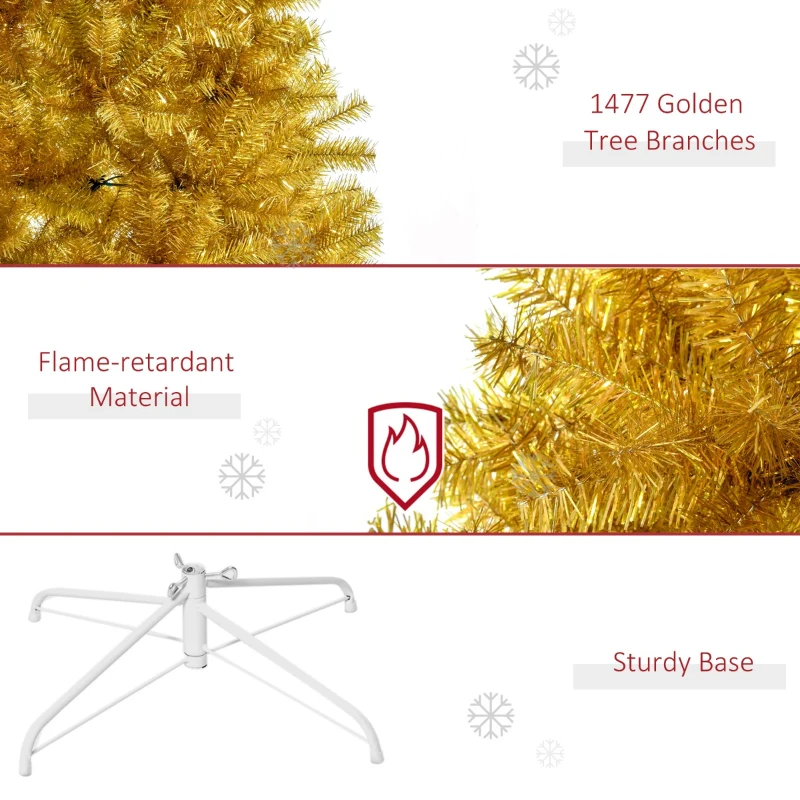 HOMCOM 7.5' Tall Unlit Full Fir Artificial Christmas Tree with Realistic Branches, and 1477 Tips, Gold