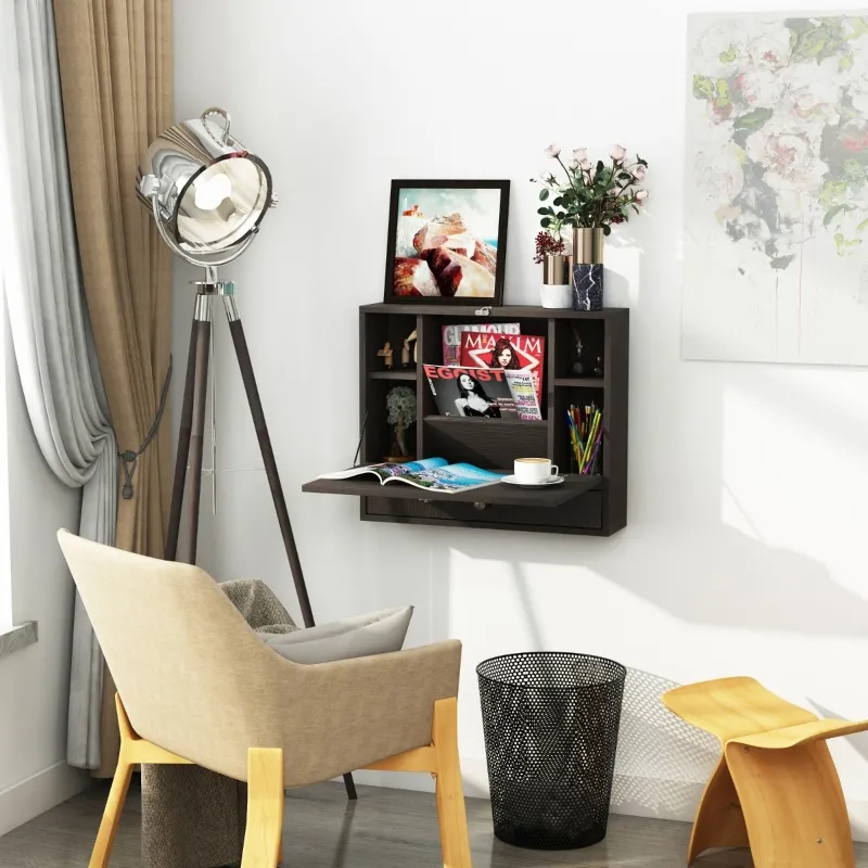 HOMCOM Wall Mounted Desk with Storage Shelves, Floating Desk with Foldable Tabletop, Space Saving Computer Writing Table, Coffee