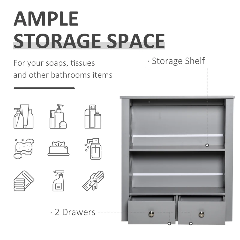 kleankin Wall Mount Bathroom Storage Rack with Open Shelves and Drawer Wooden Cabinet Organizer for Bathroom - Grey