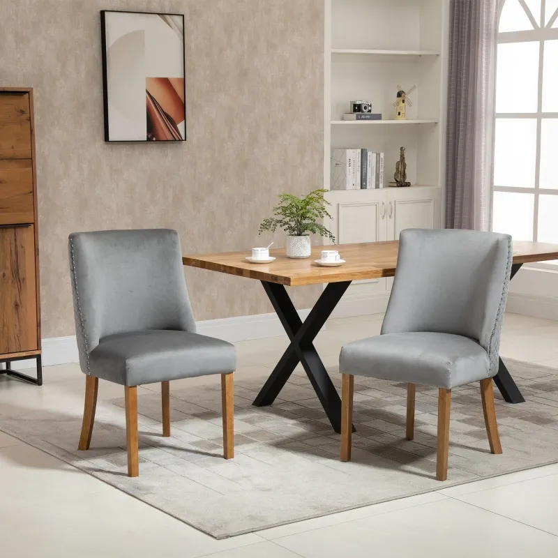 HOMCOM Modern Dining Chairs Set of 2 with High Back, Dining Room Chairs with Nailhead Trim, Upholstered Seats and Solid Wood Legs for Kitchen, Light Grey