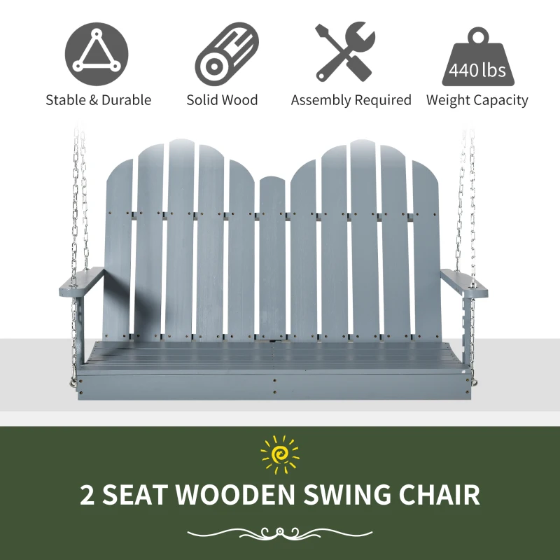 Outsunny 47'' 2-Seater Hanging Porch Swing, Outdoor Patio Swing Bench with Wooden Build, Water-Fighting Protection, & Classic Style, 440 lb Weight Capacity, Grey