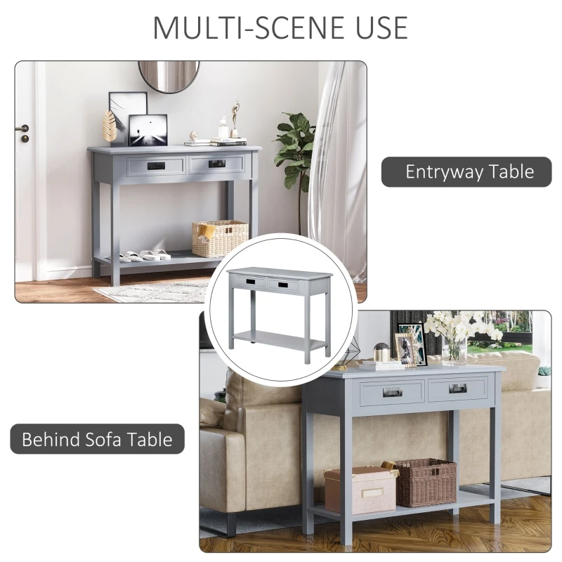 HOMCOM Console Table with 2 Storage Drawers and Open Shelf, Modern Sofa Table for Hallway, Living Room, or Bedroom, Grey