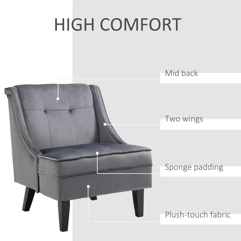 HOMCOM Upholstered Accent Chair Modern Winged Tufted Contemporary Single Sofa Chair with Rubber Wood Legs, Thick Padding Mid-Back, and Wings for Living Room Bedroom, Grey