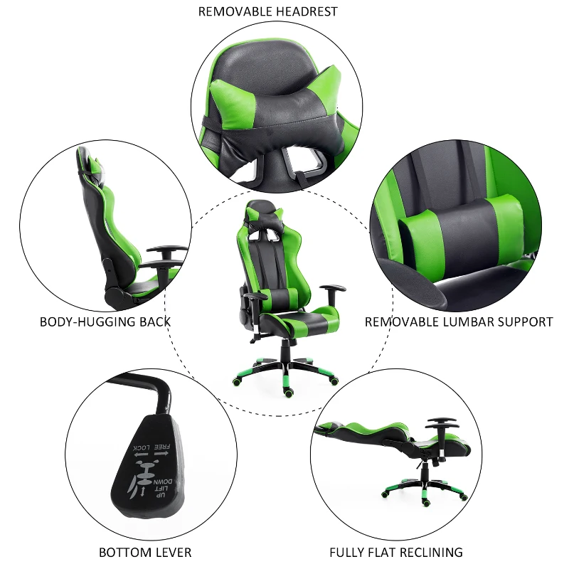 HOMCOM Executive Gaming Racing Office Chair with Waist Neck Cushions 360° Swivel (Green/Black)