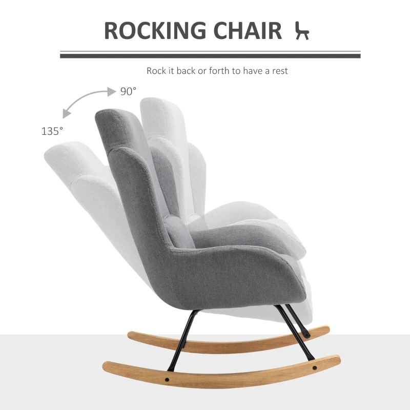HOMCOM Modern Rocking Chair with Removable Lumbar Pillow Fabric Sofa Armchair with Thick Padding, Metal Frame, Wood Base for Living Room, Light Gray