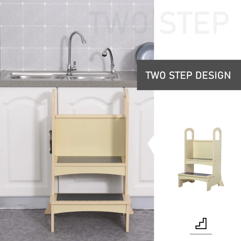 Qaba Toddler Tower Kitchen Helper for Children with 2 Non-Slip Steps and Support Handles - Natural