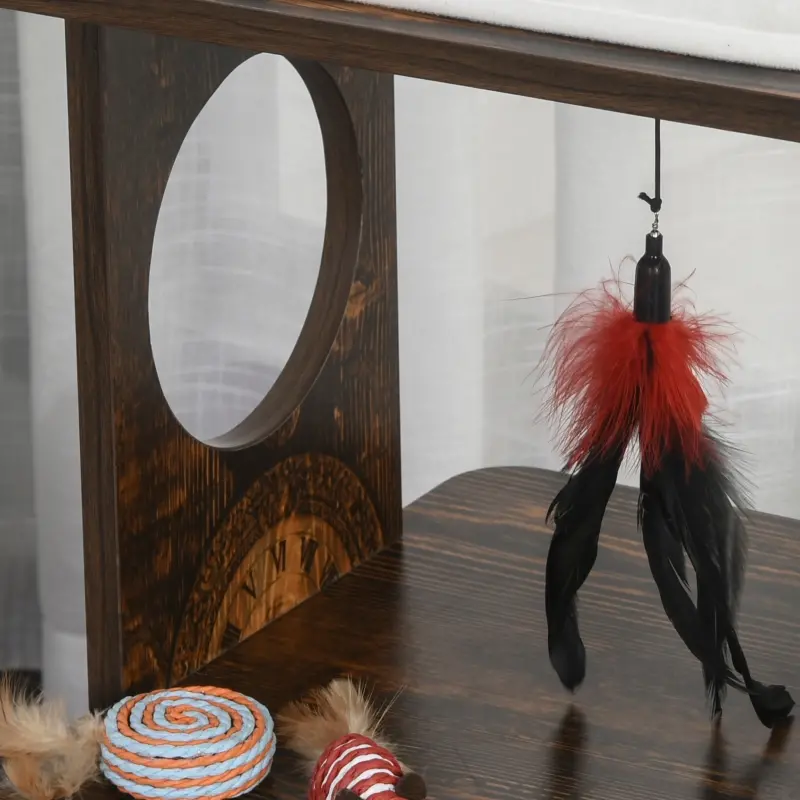 PawHut 2-Level Cat Tree Wooden Activity Tower for Pets with Super Soft Cushions, Fun Cat Feather Rope, and Scratch Posts