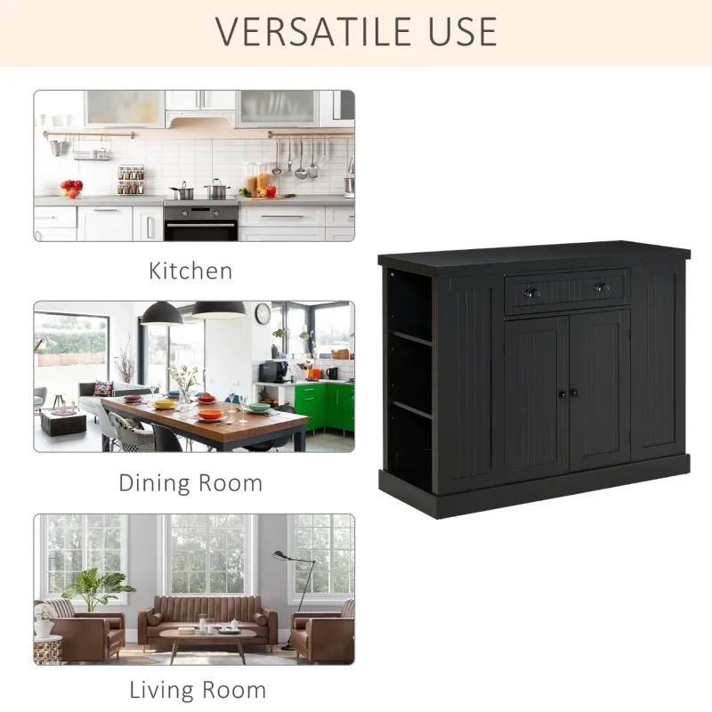 HOMCOM Fluted-Style Wooden Kitchen Island, Storage Cabinet with Drawer, Open Shelving, and Interior Shelving for Dining Room, Black