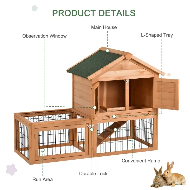 PawHut 53" Wooden Rabbit Hutch Bunny House Poultry Cage With Outdoor Run, Removable Tray, Ramp and Weatherproof Roof