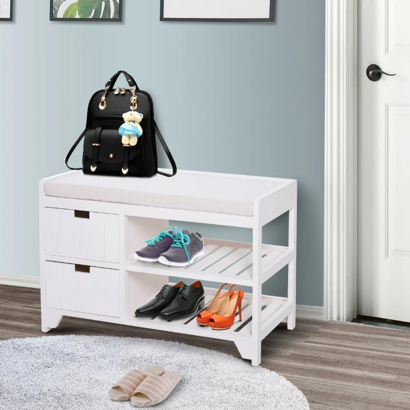 HOMCOM Compact Rustic Padded Wooden Shoe Rack Bench Organizer With Drawers - Country White