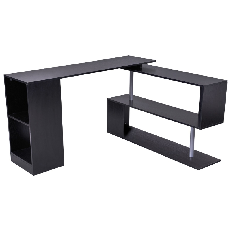 HOMCOM 55" 360° Rotating Corner Computer Desk Modern L-Shaped Home Office Workstation with 3-Tier Storage Shelves, Bookshelf, Black