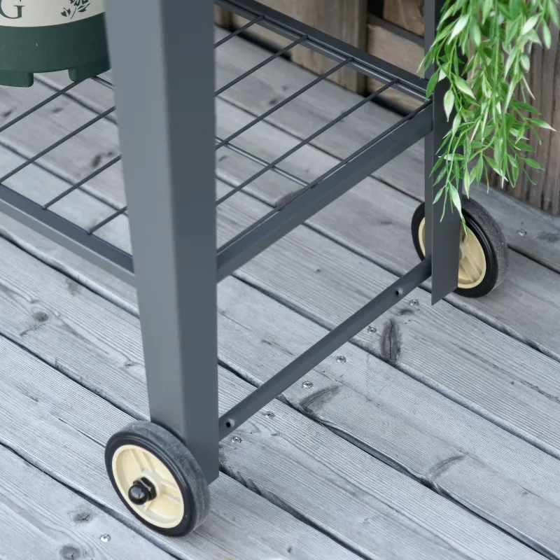 Outsunny 43" x 17" x 32" Raised Garden Bed Elevated with Wheels, Metal Elevated Planter Box with Bottom Shelf for Storing Tools & Water Drainage Hole, Grey