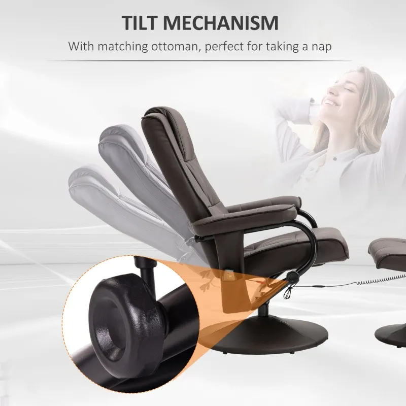 HOMCOM Massaging Faux Leather Recliner Chair and Ottoman Set, Swivel Vibration Massage Lounge Chair with Remote Control for Living Room, Bedroom, or Office, Brown