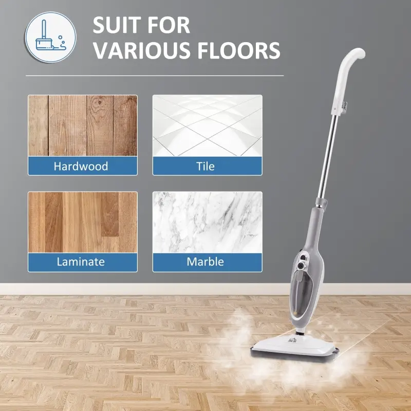 HOMCOM Steam Mop Cleaner for Laminate, Hardwood, Tiles and Carpet, 10–In-1 Multi-Purpose Floor Steamer for Kitchen, White/Grey