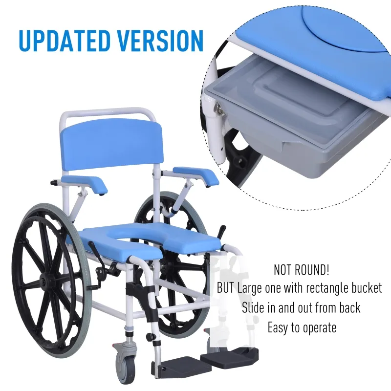 HomCom Rolling Shower Wheelchair Bath Toilet Commode Bariatric with 24" Wheels, Detachable Bucket & Shower-Proof Design, 17" Seat Width, Blue