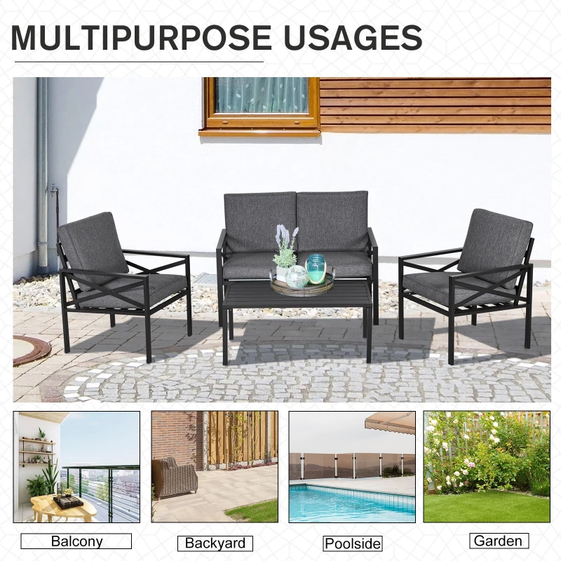 Outsunny 4-Piece Patio Furniture Set Garden Conversation Set with Soft Washable Cushions & Strong Steel Frame, Grey