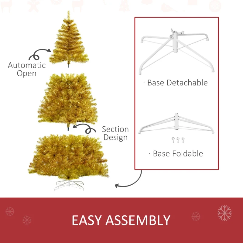 HOMCOM 7.5' Tall Unlit Full Fir Artificial Christmas Tree with Realistic Branches, and 1477 Tips, Gold