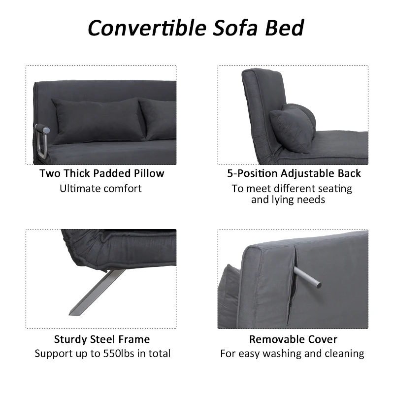 HOMCOM Convertible Double Sleeper Sofa Bed W/ 5 Backrest Position Folding Loveseat