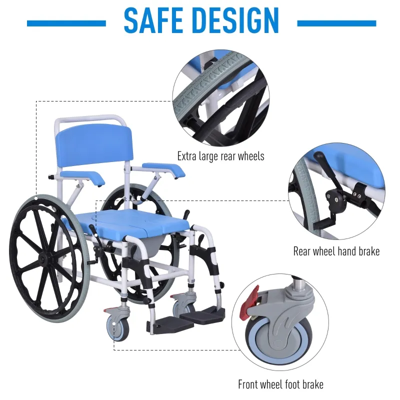 HomCom Rolling Shower Wheelchair Bath Toilet Commode Bariatric with 24" Wheels, Detachable Bucket & Shower-Proof Design, 17" Seat Width, Blue