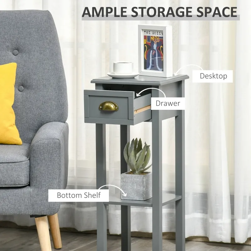 HOMCOM 2-Tier Tall Side Table, Nightstand End Table w/ Drawer & Bottom Shelf for Living Room, Bedroom, Gray
