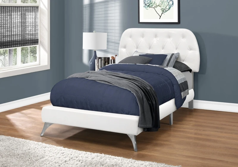 Monarch Twin Size Contemporary Upholstered Bed Frame with Padded Diamond Tufted Headboard and Chrome Legs - White Leather Look