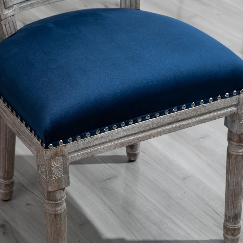 HOMCOM Vintage Upholstered Dining Chairs Set Of 2 with Nailhead Trim , Thick Padded Seat Cushions, and Wood Legs, Blue