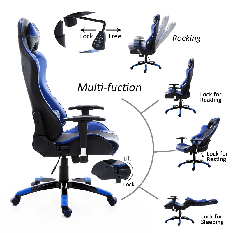 HOMCOM Gaming Chair Ergonomic Racing Style Recliner, High Back PU Padded Leather Adjustable Gamer Recliner Home Office, Blue/Black