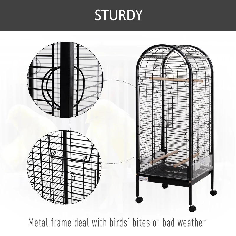 PawHut Metal Bird Parrot Cage With Rolling Standing 5ft w/ perches and bowls Black