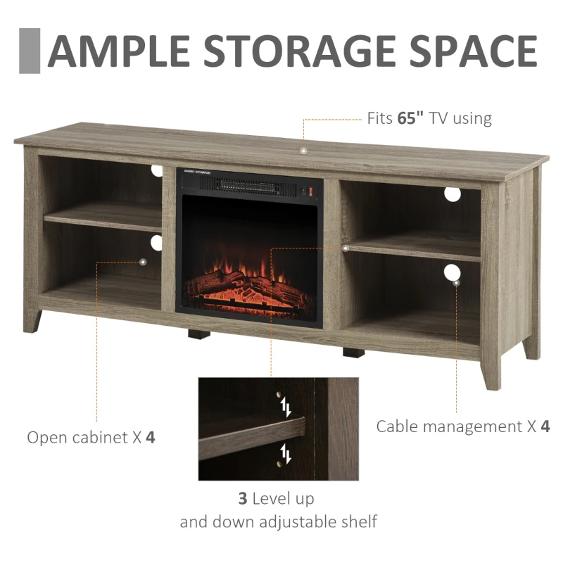 HOMCOM 60" W x 23.5" H Electric Fireplace Mantel TV Stand, Media Console Center Cabinet with 2 Adjustable Shelves, 4 Cable Management Holes and Fits up to 65" TV, Brown