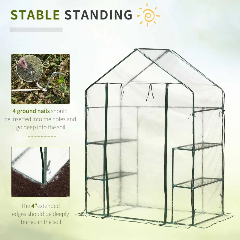 Outsunny 56" x 29" x 77" Mini Greenhouse Walk-in Greenhouse Garden Hot House with 2-Tier Shelving, Roll-Up Door & Weather Cover
