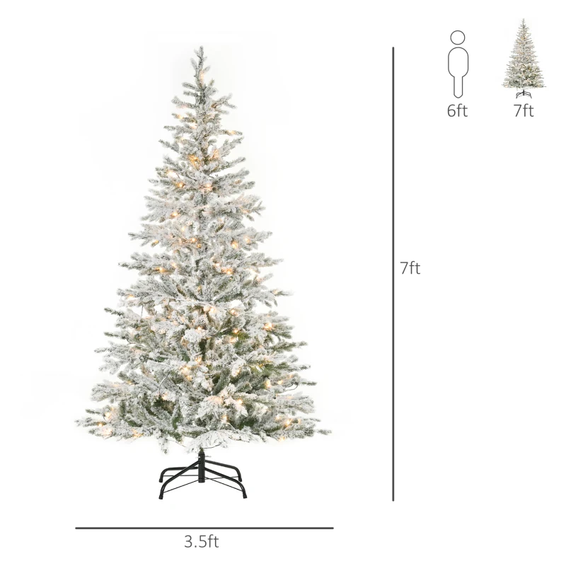 HOMCOM 7ft Pre-Lit Snow-Flocked Noble Fir Artificial Christmas Tree with Realistic Branches, 198 LED Lights and 342 Tips