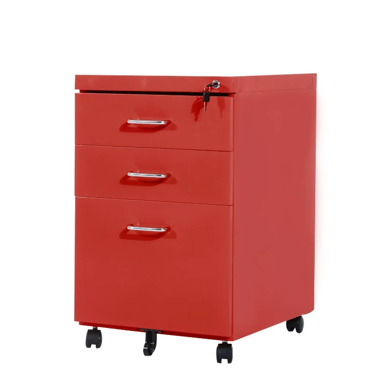 HOMCOM Rolling Filing Steel Cabinet Chest Organizer Cupboard Home Office Furniture with 3 Drawers and LOCK (Red)