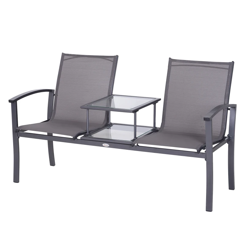 Outsunny Garden Patio 2 Person Bench Aluminum Mesh Fabric Seat w/Table Armrest