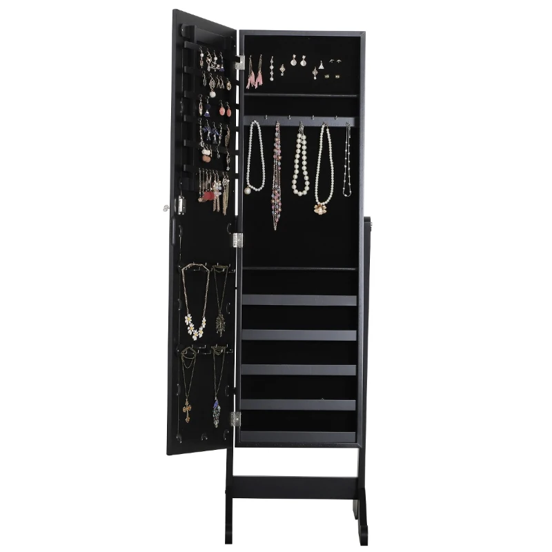 HOMCOM Mirrored Jewellery Cabinet Armoire Stand Organizer for Rings Earrings Bracelets Lockable Black