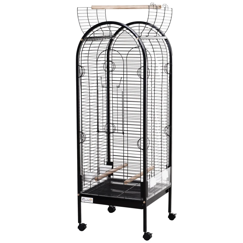PawHut Metal Bird Parrot Cage With Rolling Standing 5ft w/ perches and bowls Black