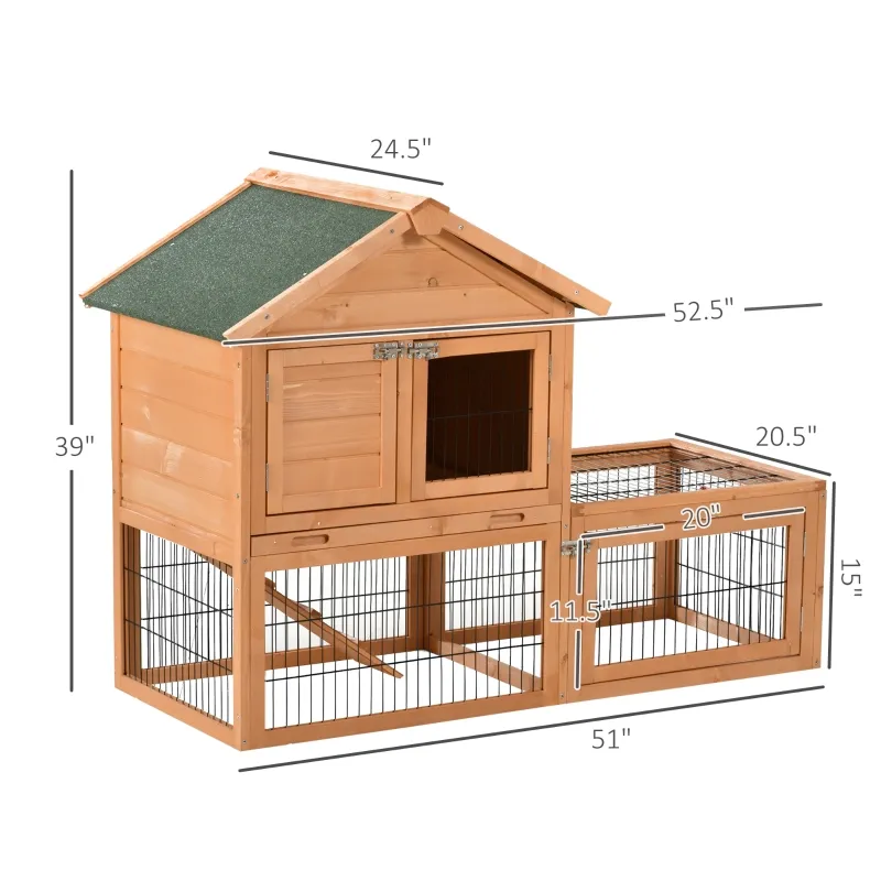 PawHut 53" Wooden Rabbit Hutch Bunny House Poultry Cage With Outdoor Run, Removable Tray, Ramp and Weatherproof Roof