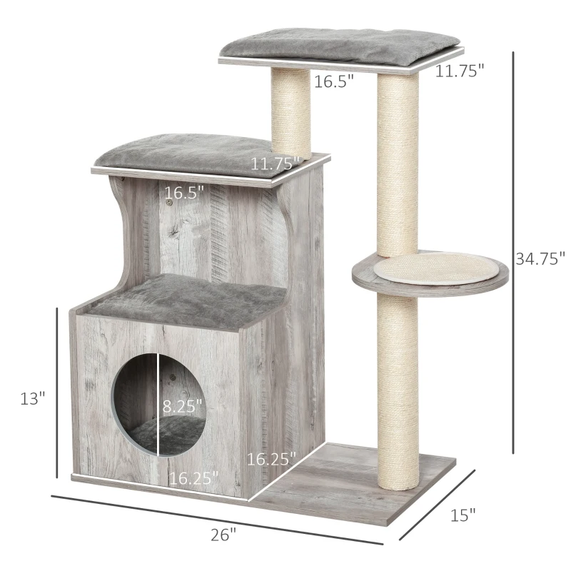 PawHut Cat Tree Climbing Activity Center with Scratching Post Condo Perch Cushions 34.75" H, Grey