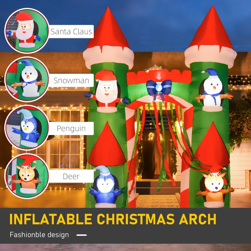 HOMCOM 11 ft LED Lit Inflatable Christmas Arch, Outdoor Holiday Light Yard Display with Santa Claus, Snowman, Reindeer, Gingerbread Man and Penguin