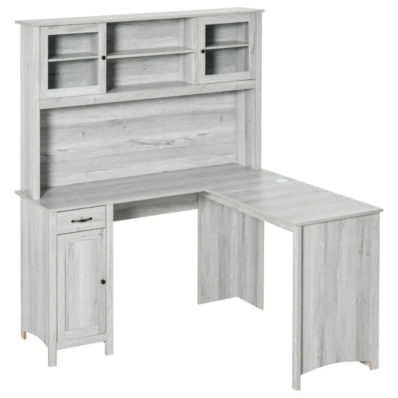 HOMCOM L-Shaped Desk with Hutch, Computer Desk with Drawers, Home Office Corner Desk Study Workstation Table with Storage Cabinets Shelves, Grey